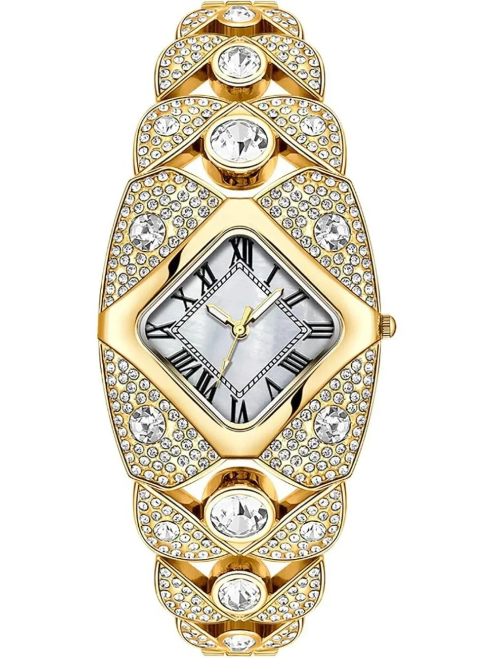 Women's Gold White Rhombic Square Rhinestone Bracelet Roman Numerals Dial Watch